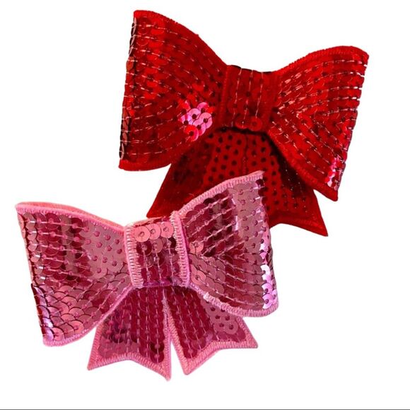 Set of Two 3” Sequin Hair Bow Clips Red and Pink Boutique Lined Alligator clips - Picture 1 of 9